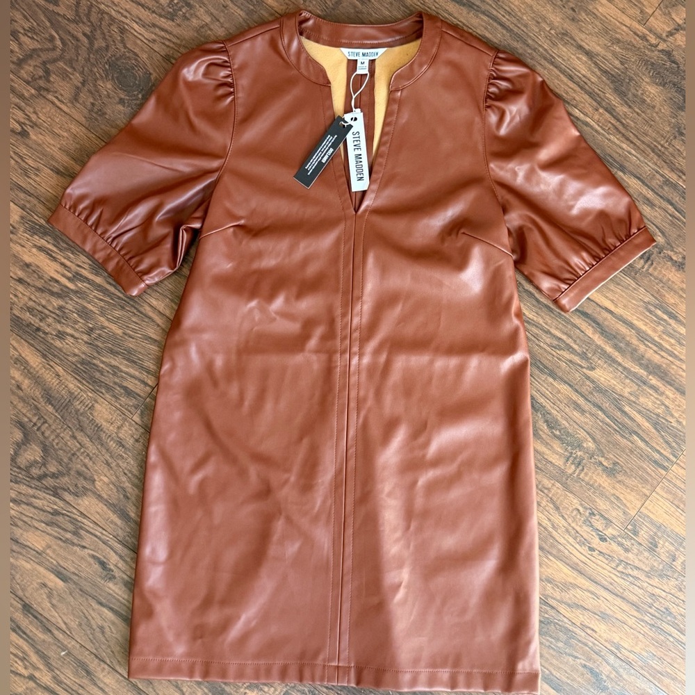 NWT Steve Madden Jane Faux Leather Puff Sleeve Dress Size Medium